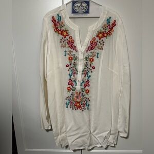 Solitaire Cream Tunic Blouse with Colorful Floral Embroidery 2X